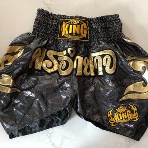 Top King Muay Thai Boxing Shorts, Gold Silver Sequins Black, 28" to 37" waist
